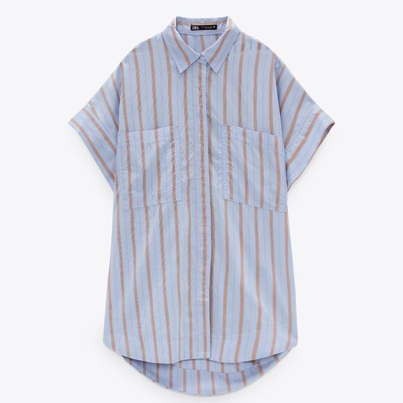 Striped Zara Button Front High Low Short Sleeve Oversized Shirtdress (NWT) - Picture 6 of 6